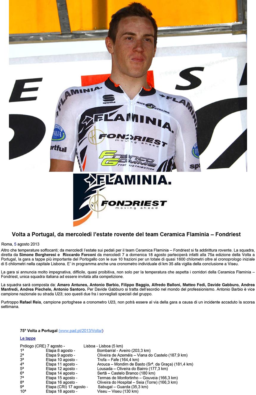  Team Ceramica Flaminia - Fondriest; da mercoledì la Volta a Portugal